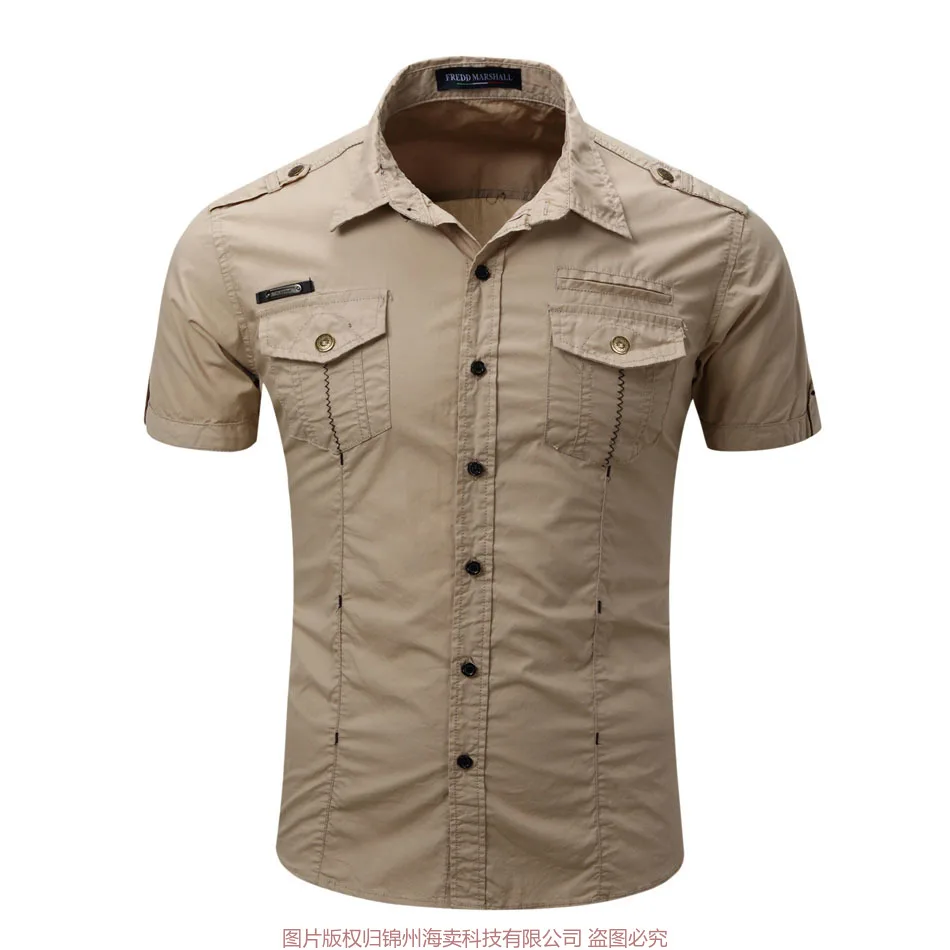

High quality Mens Cargo Shirt Men Casual Shirt Solid Short Sleeve Shirts Work Shirt with Wash Standard US Size 100% Cotton
