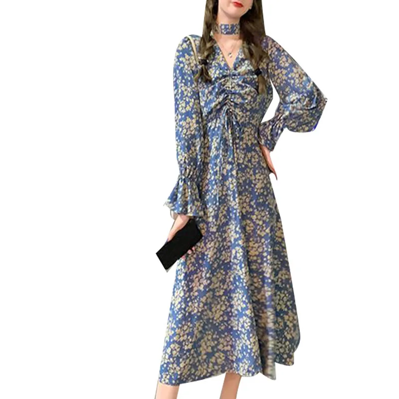 

Women's Spring Autumn Dress Women's Flare Sleeve Sleeve Printed V-Neck Lace Up Korean Elegant Dress SS3721