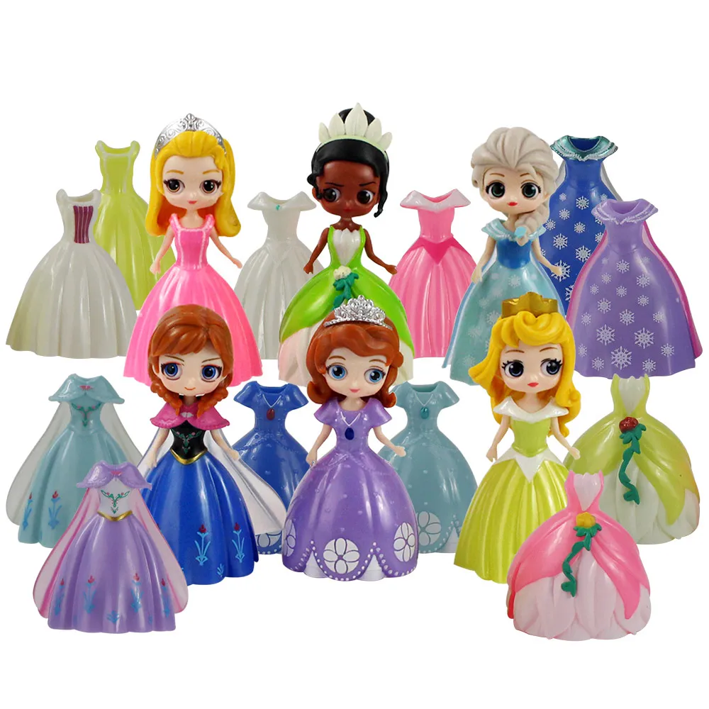 

8cm-9cm 18pcs 8cm Princess Figures Clothes Changeable Anna Elsa Sofia Belle Aurora Sleeping Beauty Model Toys