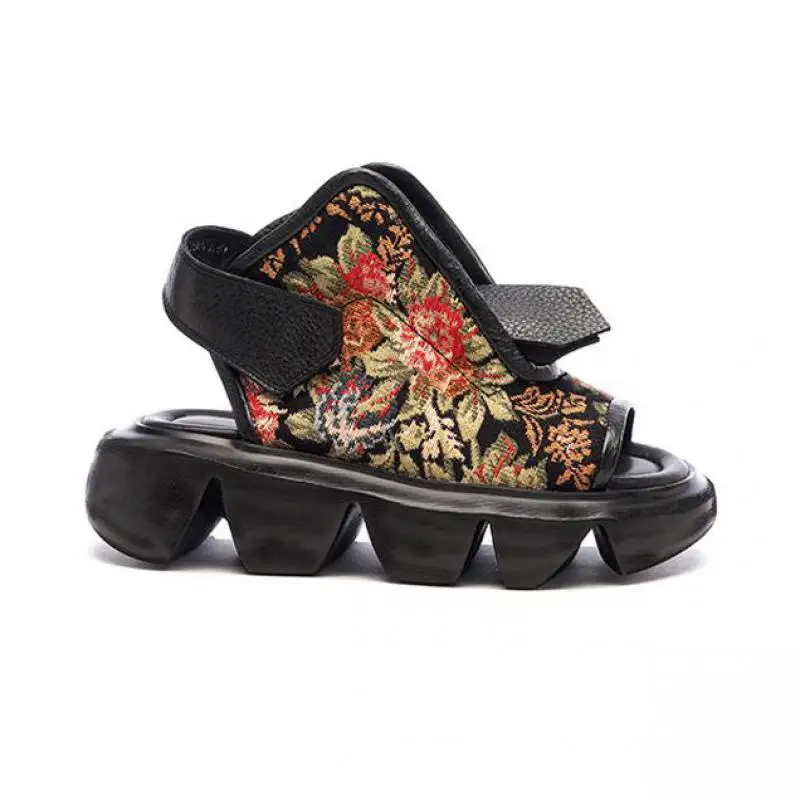 

YourSeason Ladies Hook & Loop Print Sandals 2021 Summer Wedges Handmade Platform Women Genuine Leather Vintage Shoes