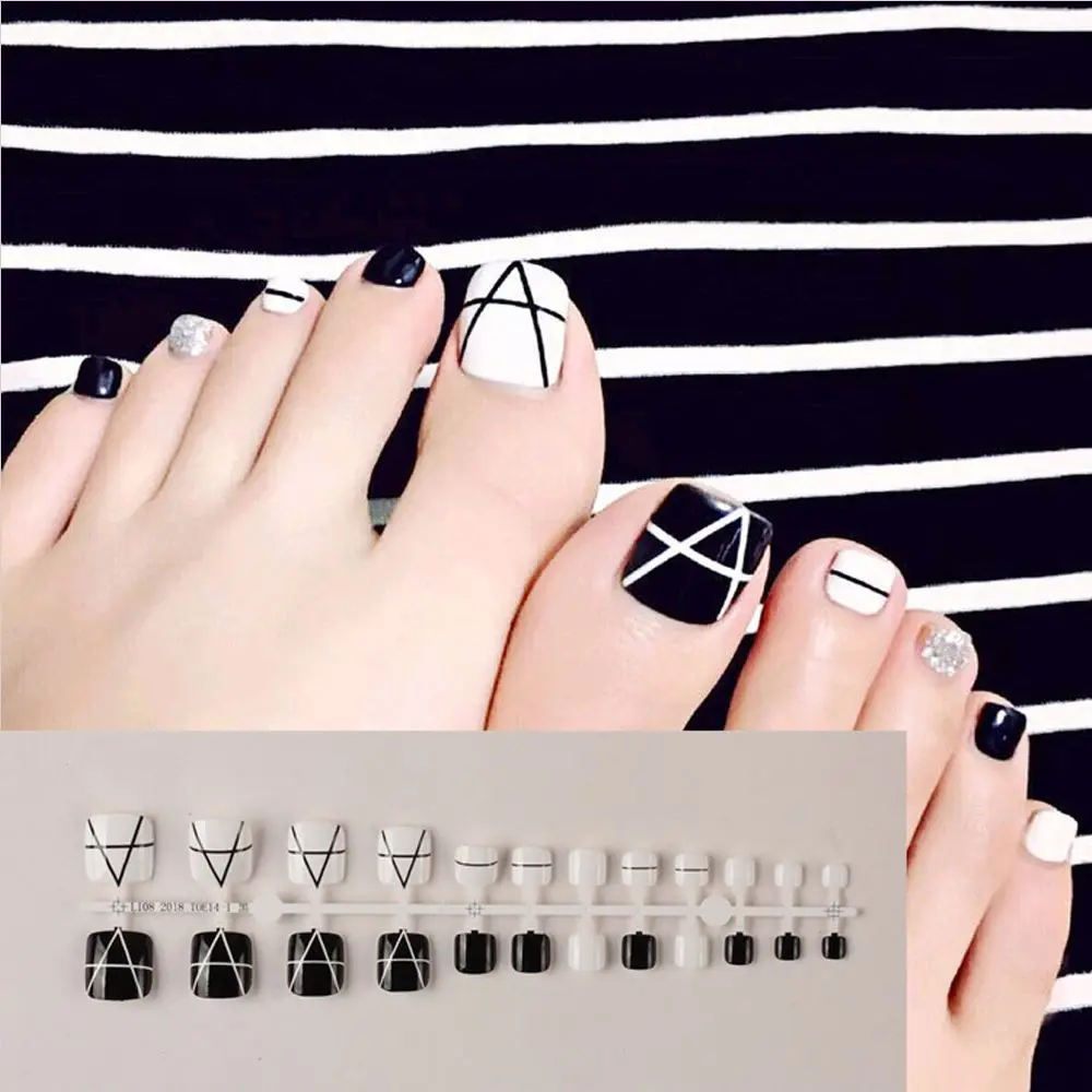 

24Pcs Full Cover Fake Toenails Short Square Wearable Toe Nails with Glitter Strip Design Foot Art False Nails Tips Toes Gel