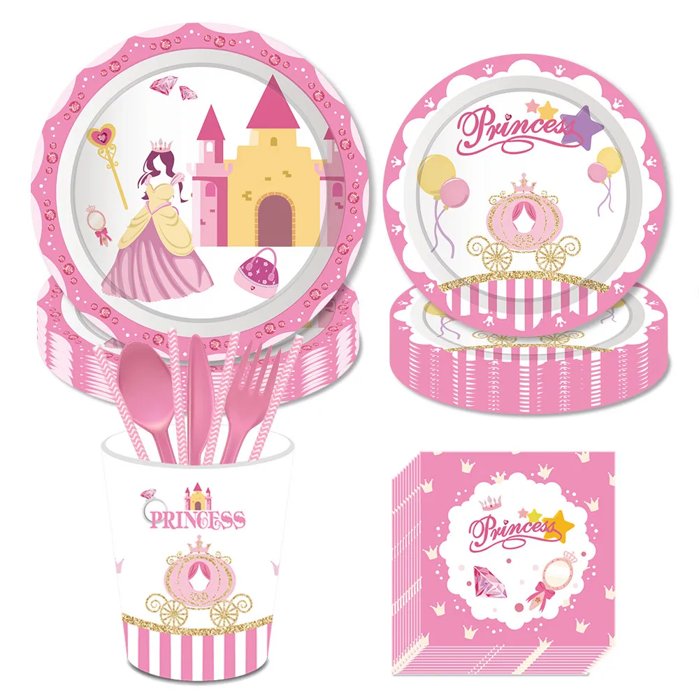 

Sweet Princess Castle Disposable Tableware Sets Party Decorations Baby Shower Party Plates Girls Happy Birthday Party Favors