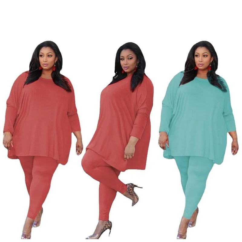 

Women Casual Two Piece Set Plus Size Solid O-neck Pullover Woman Clothing Loose Long Suit Drop Shipping
