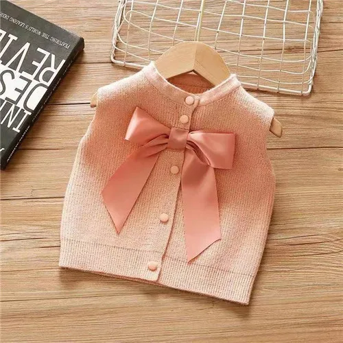 

Spring Kids Vest For Girl Fashion Bow Solid Children Cardigan Sweater Outwear Sleeveless Baby Waistcoat 2021 Clothes