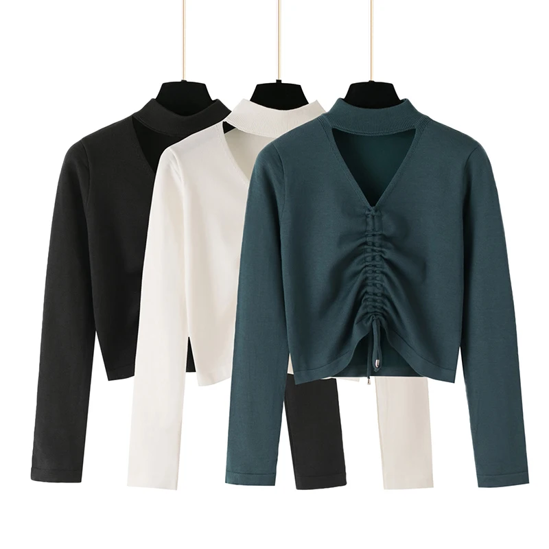 

Sweater Mujer Autumn Winter Black Halter V-Neck Knitted Women Sweater Slim Short Crop Top Solid Shirring Long Sleeve Pull Femme