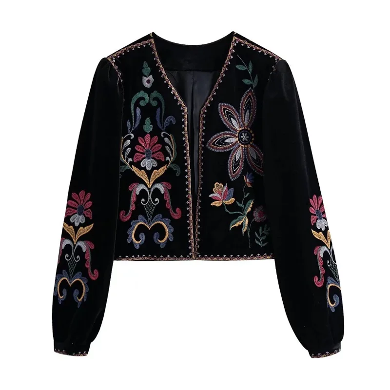 

MESTTRAF Women 2021 Sexy New Black Embroidery Simplicity Loose Velvet blouses Retro Long Sleeves High Street Open Shirt Coat
