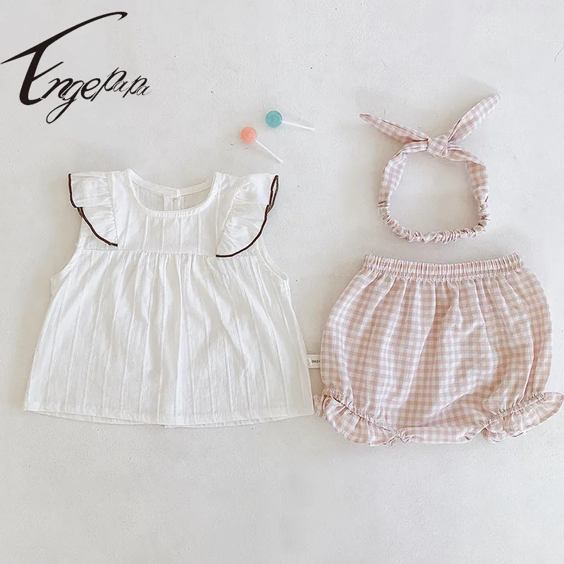 

Engepapa Flying Sleeve Cotton T-shirt+Plaid Shorts+Hair Band Toddler Girls Clothing Sets Summer Infant Baby Girls Clothing Suit