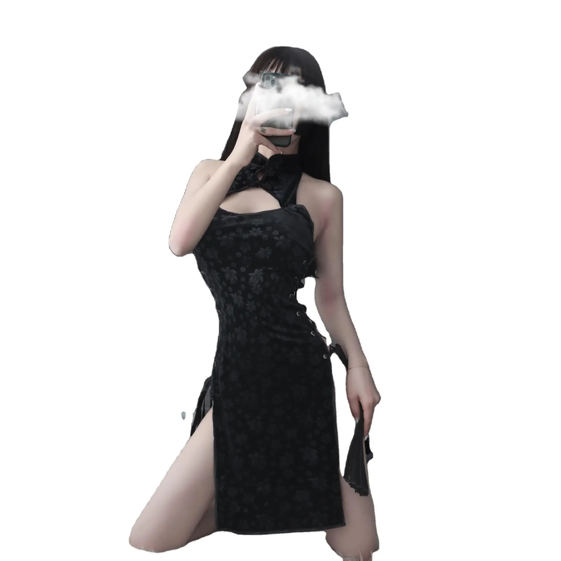

Retro cheongsam high slit tie tight dress nightclub uniform bag hip suit