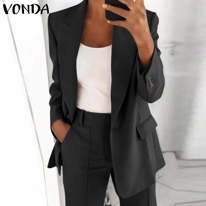 

Women OL Style Solid Long Sleeve Coats With Pockets VONDA Casual Lapel Collar Button Up Suit Blazer Femme Autumn Streetwears