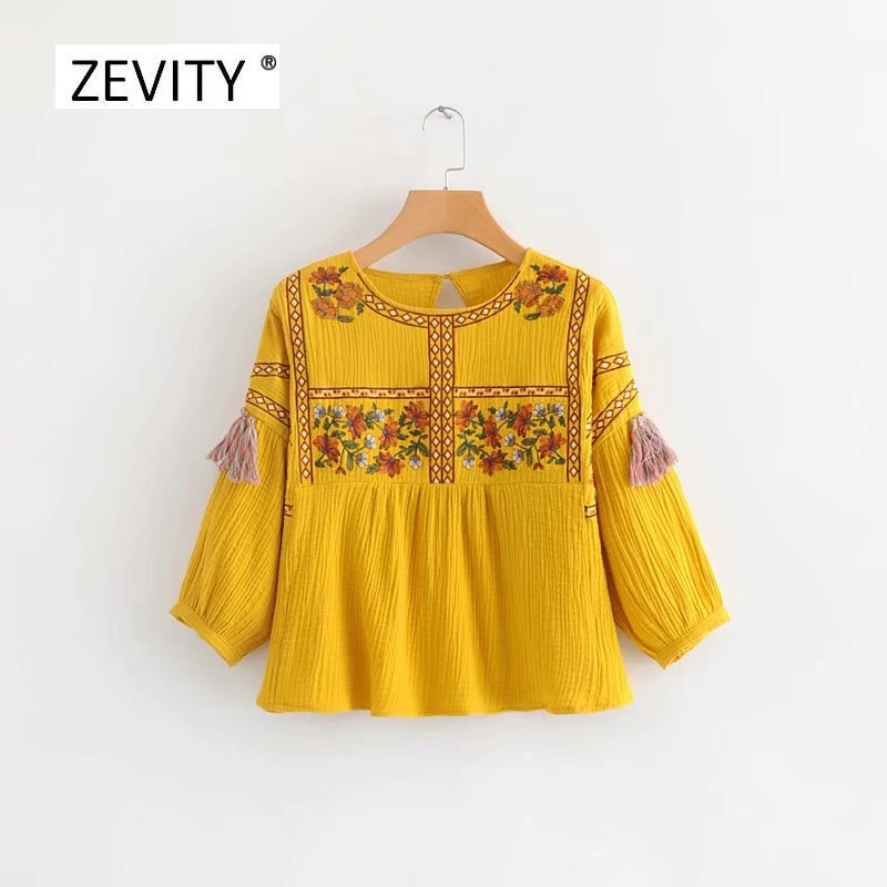 Женская винтажная блузка с круглым вырезом повседневная желтая вышивкой