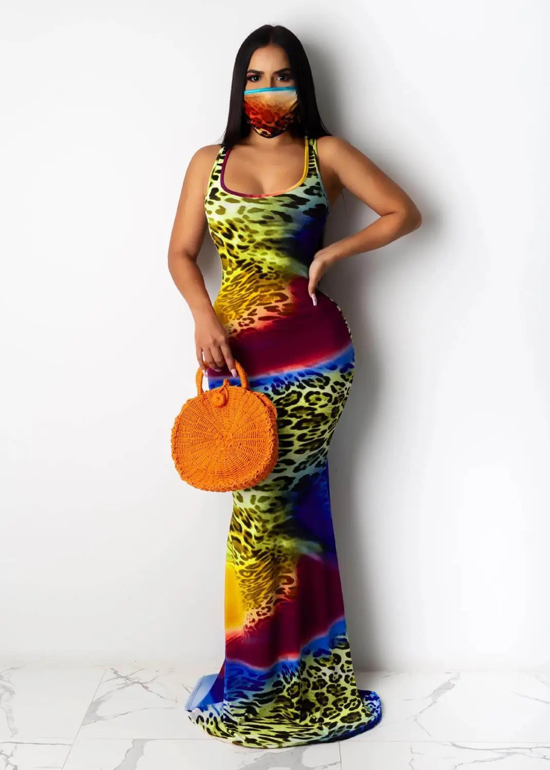 

army green women print maxi long dress sexy tank sleeveless mermaid floor-length dresses