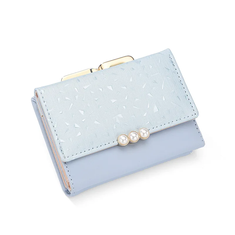 Перламутровый элемент Trifold женские кошельки короткий мягкий кожаный Дамский кошелек с зажимом дизайнерский карман для монет держатель для карт женский кошелек - Цвет: Синий