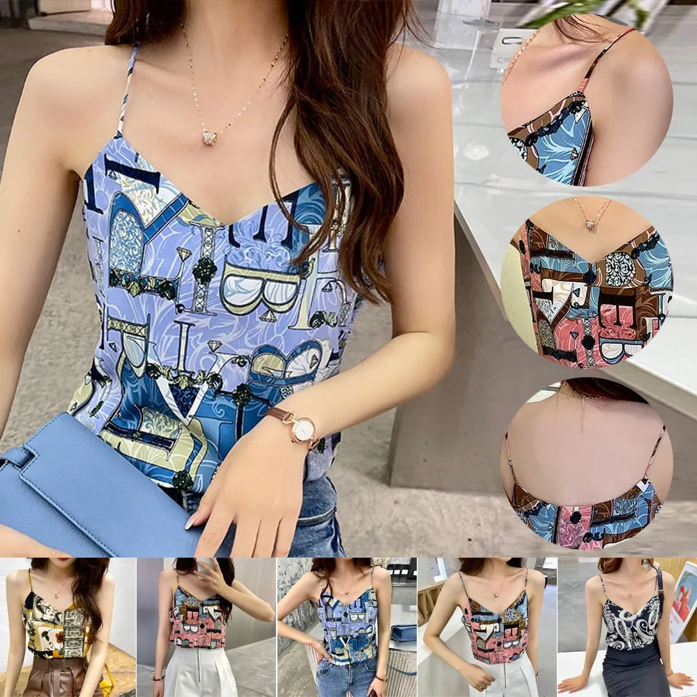 

2021 New Women Tank Tops Chiffon Shirt Suspender Printed Sleeveless Crop Top Vest Tank Camisole Fit Polyester Sleeveless Top