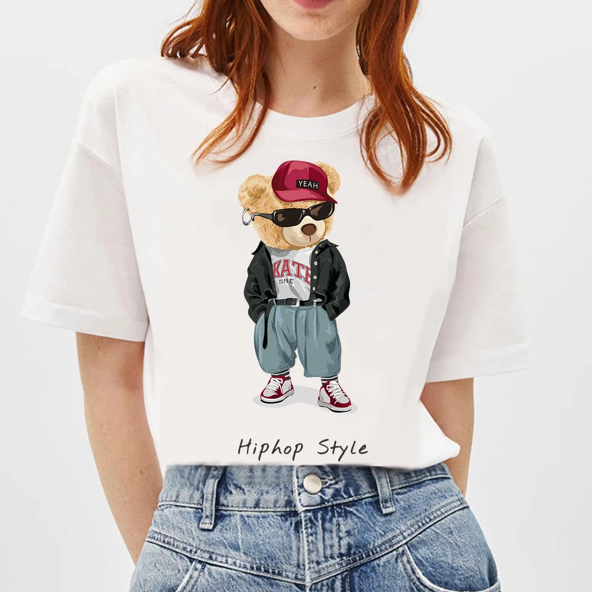

BLINGPAW Minimalist Graphics T-Shirt Hiphop Style Teddy Bear Fashion Short-Sleeved Tops Tees O-Neck Casual 100% Cotton Harajuku