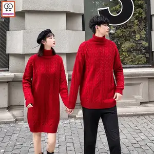 Одинаковая одежда для пар Женская, мужская, для рождественской вечеринки Святого Валентина Парень Девушка Повседневное свободное платье красный свитер с высоким, плотно облегающим шею воротником