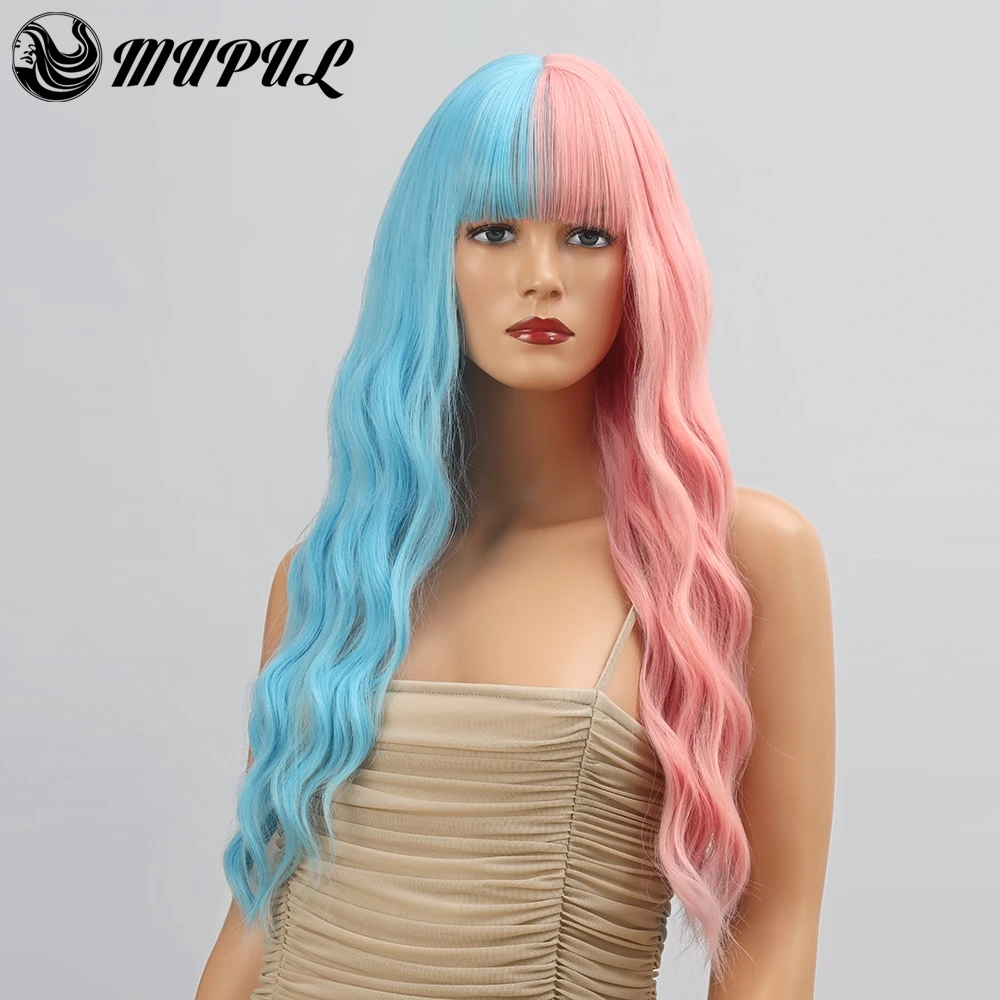 

Long Half Blue Pink Wavy Natural Fiber Cosplay Synthetic Wig With Bangs For White Women Hair Female Heat Resistant Party Wigs