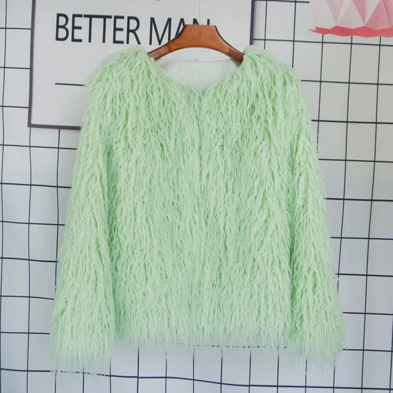 green fur coat Зимняя Элегантная Женская Толстая монгольская овечья куртка из искусственного меха, пальто, новая мода, длинный рукав, плюшевое пальто, трендовая уличная одежда - Цвет: green fur coat