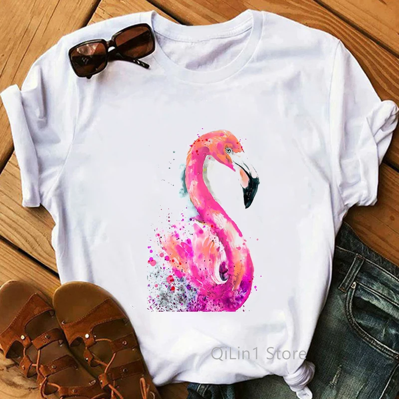 Watercolor Flowers Flamingo Animal Print Tee Shirt Femme Summer White Camiseta Mujer Top Female T-Shirt Graphic T Shirts Tumblr 