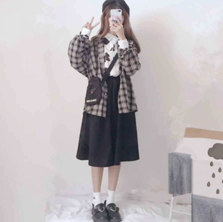 Японский милый осенний костюм принцессы в клетку стиле Лолиты мягкий для девушек