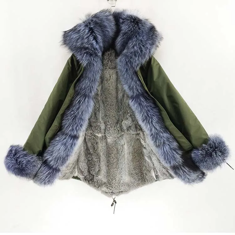OFTBUY, водонепроницаемая парка, зимняя куртка, Женское пальто с натуральным мехом, большой натуральный мех енота, Воротник из натурального меха кролика, подкладка из толстого теплого меха, Новинка - Цвет: green silver