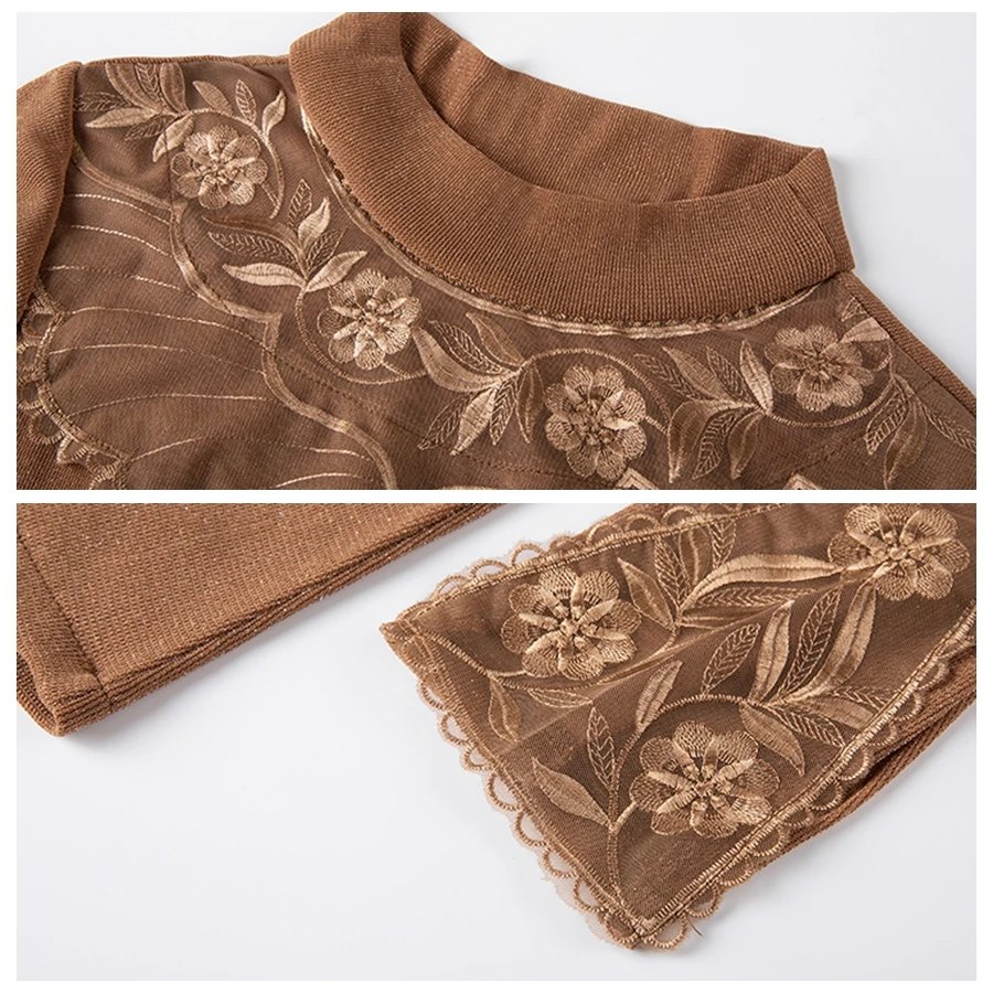 Spring Autumn Women Blouse Long Sleeve Mesh Lace Shirt Women Top Elegant Half High Collar Bright Flower Blouse Female Work Shirt