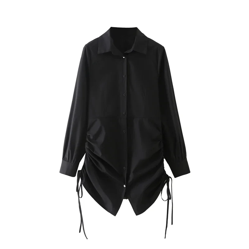 

Women Drawstring Design Black Shirt Dress Female Long Sleeve Clothes Casual Lady Loose Vestido D8863