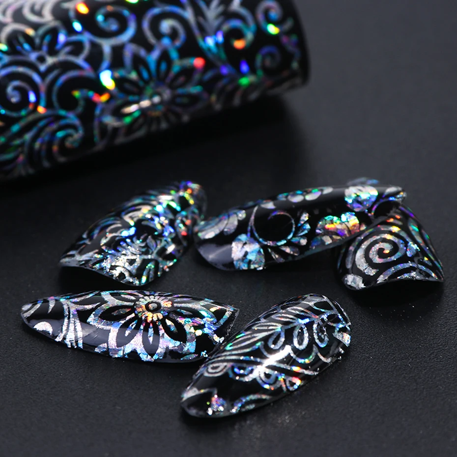 10pc Holographic Foils Nail Transfer Wraps Lace Flower Snowflake Clear Black Adhesive Sticker Set Nail Foil Gradient Tips CH1040