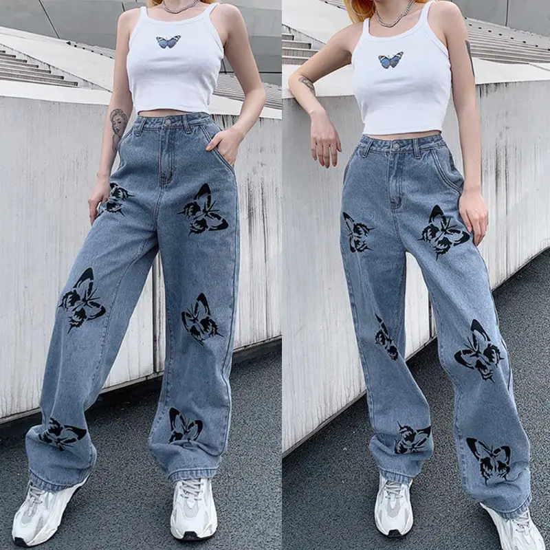 Женские мешковатые джинсы, повседневные широкие прямые брюки с высокой талией, с принтом в виде бабочек, лето-осень, 2020 от AliExpress RU&CIS NEW