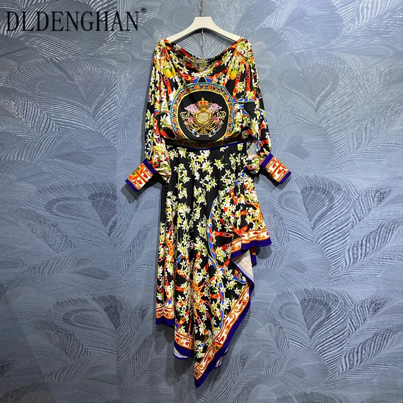 

DLDENGHAN Fashion Runway Designer Summer Suit Women Lantern Sleeve Beading Loose Top+Asymmetry Skirt Vintage Print Two Piece Set