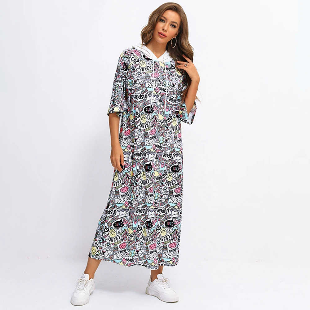 

Fridayin Summer Women's Casual Fashion Graffiti Print Pattern Maxi Dress Polyester Patchwork Hooded Vestidos