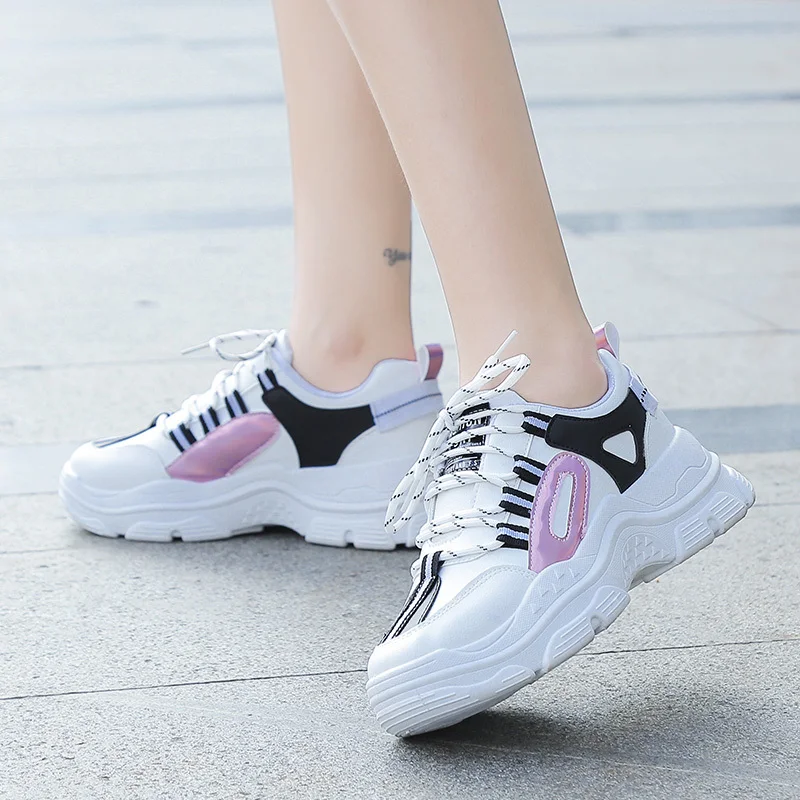 

Mixed Color Vulcanized Shoes Lace Up Chunky Sneakers Women Shoes Woman Platform Mid Heels Casual Shoes Ladies Flats Plus Size 42