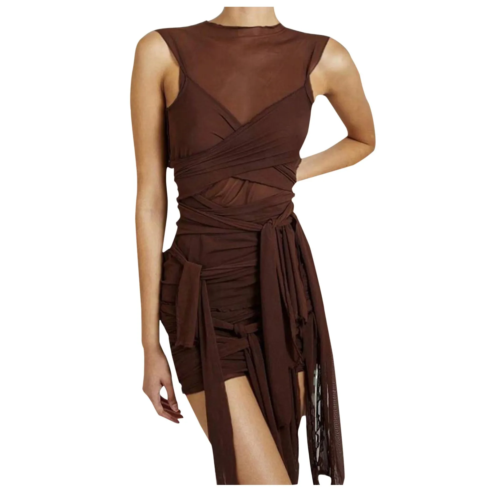 

Womail dress summer dress Women’s Ribbons Mesh Sexy Clubwear Mini Dress Solid Sleeveless Hip Dress sexy dress backless dress