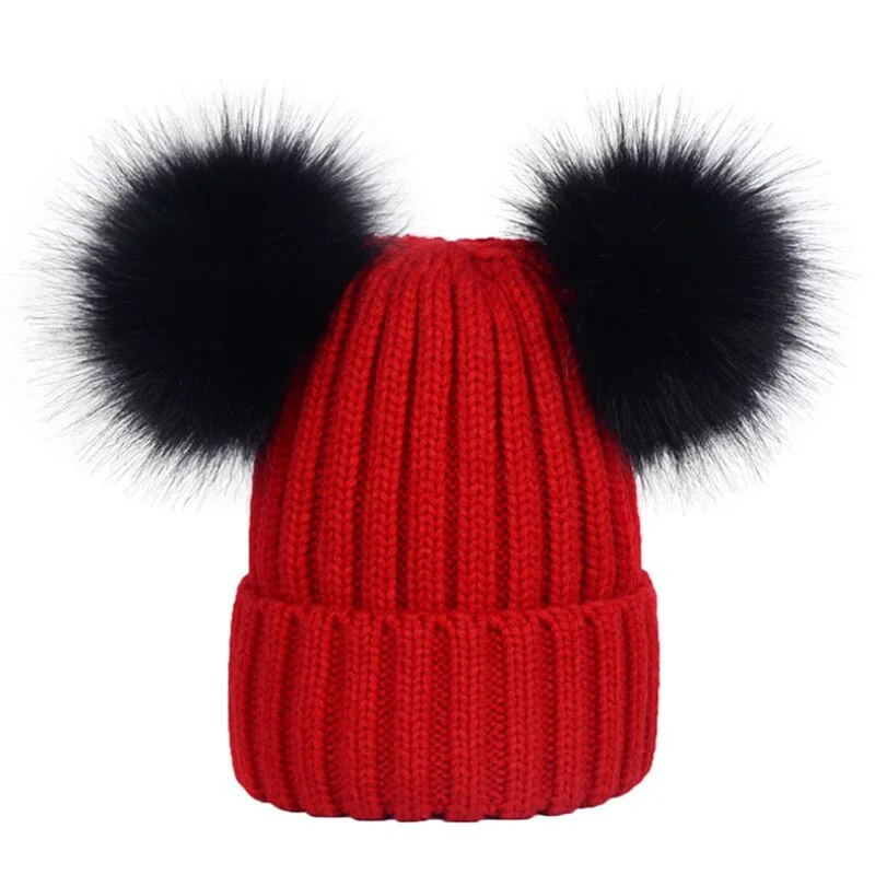 

Kids Plush Knit Hat Thick Cable Double Pom Pom Boy Girls Winter Warm Beanies Cap Adult Mom And Parent-child Skullies Women Hat