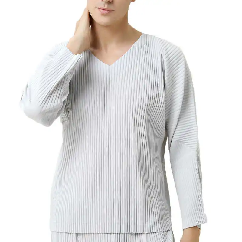 

IEFB Men's Pleated T-shirts Male 2021 Autumn Winter New Loose Trendy Base New V-neck Pullover Long Sleeve Japan Style Top 9Y3840