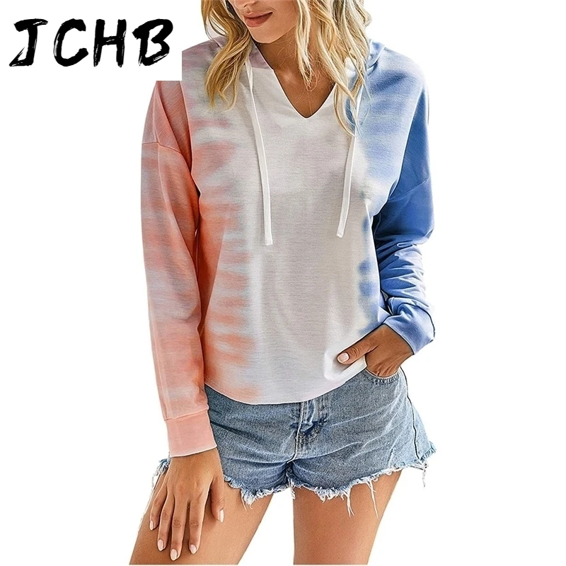 

Tie Fashion Dye Hooded Sweatshirt Women Casual V Neck Pullover Tops Autumn Winter Long Sleeve Loose Drawstring Gradients Hoodies