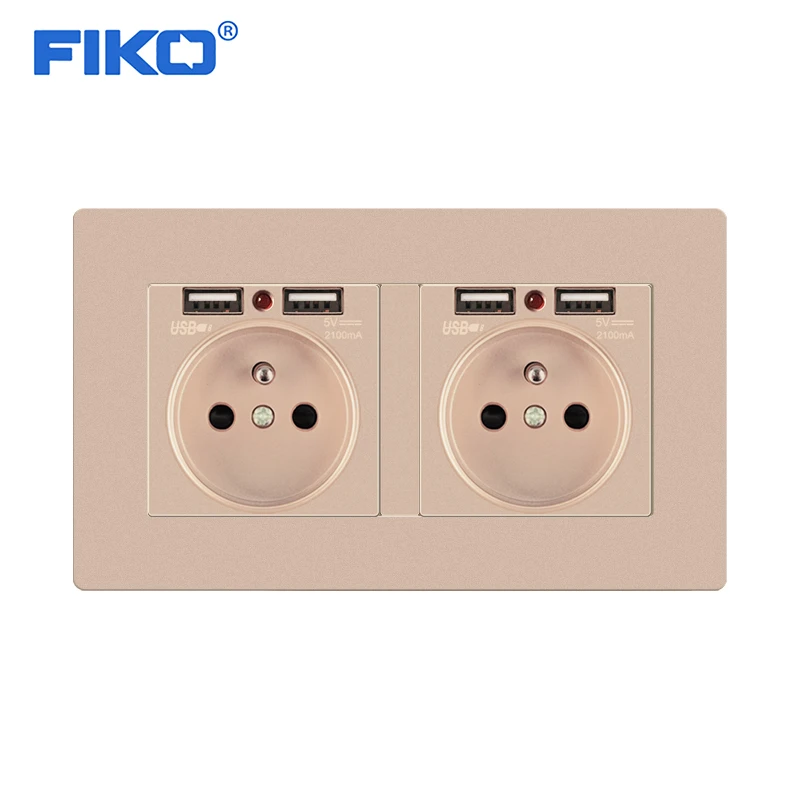 FIKO  PC panel 16A  2Gang EU French socket family hotel, wall standard with dual usb 146*86mm Household outlet 4 charge port