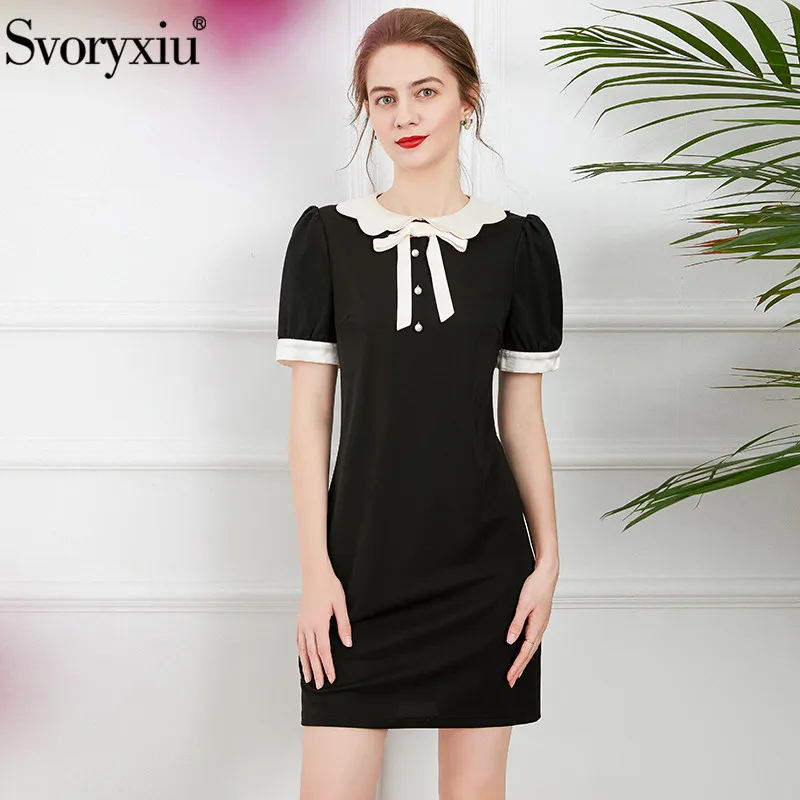 

Svoryxiu Runway Designer Summer Fashion Black Short Dress Women's Short Sleeve Bow Dresses Vestdios