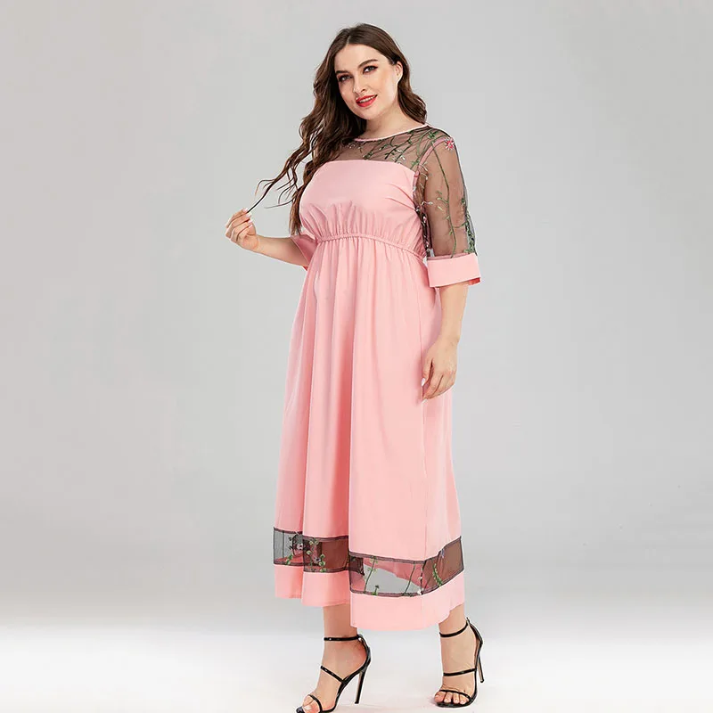 

Ladies Splicing Large Size Women Dresses 2021 New Summer Loose Lace Short Sleeve Casual Round Neck Women Loose Long Dress NBH155