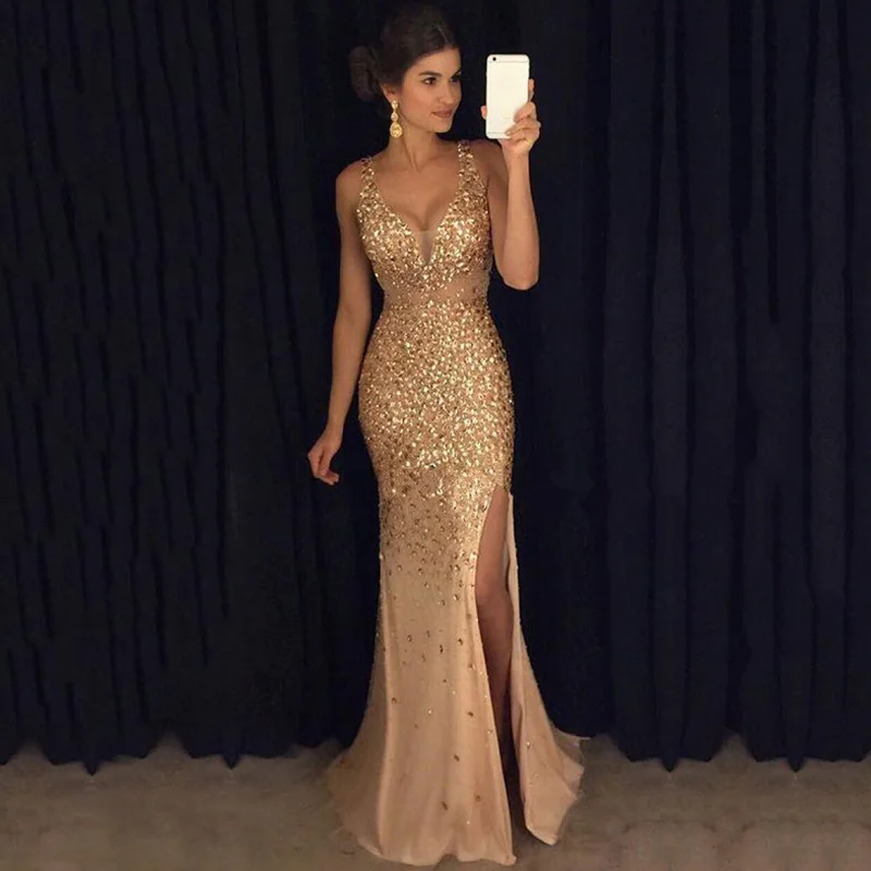 

Платье женское длинное с блестками, пикантное вечернее праздвечерние платье без рукавов, с глубоким V-образным вырезом, цвет Шампань, розово...