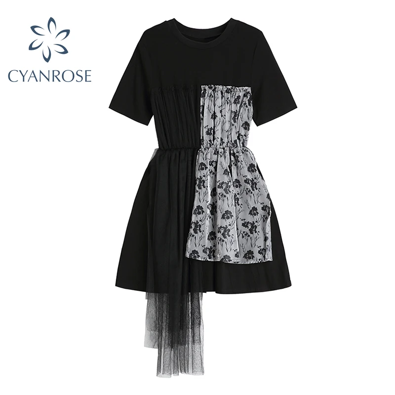 

Vintage Fake 2 Piece Dress Women 2021 Summer New Mesh Patchwork Pleated Irregular Elegant Temperament Ladies Black Short Dresses