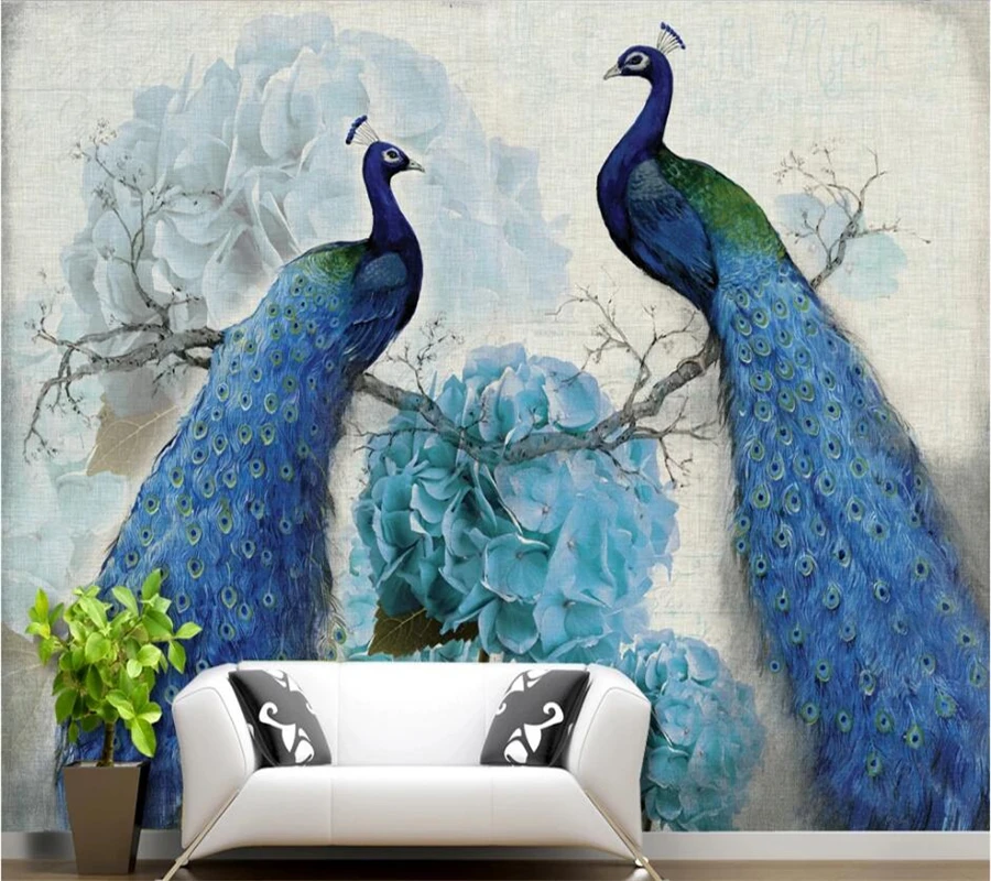 Beibehang пользовательские обои 3D стерео фотообои синий павлин ретро цветочный