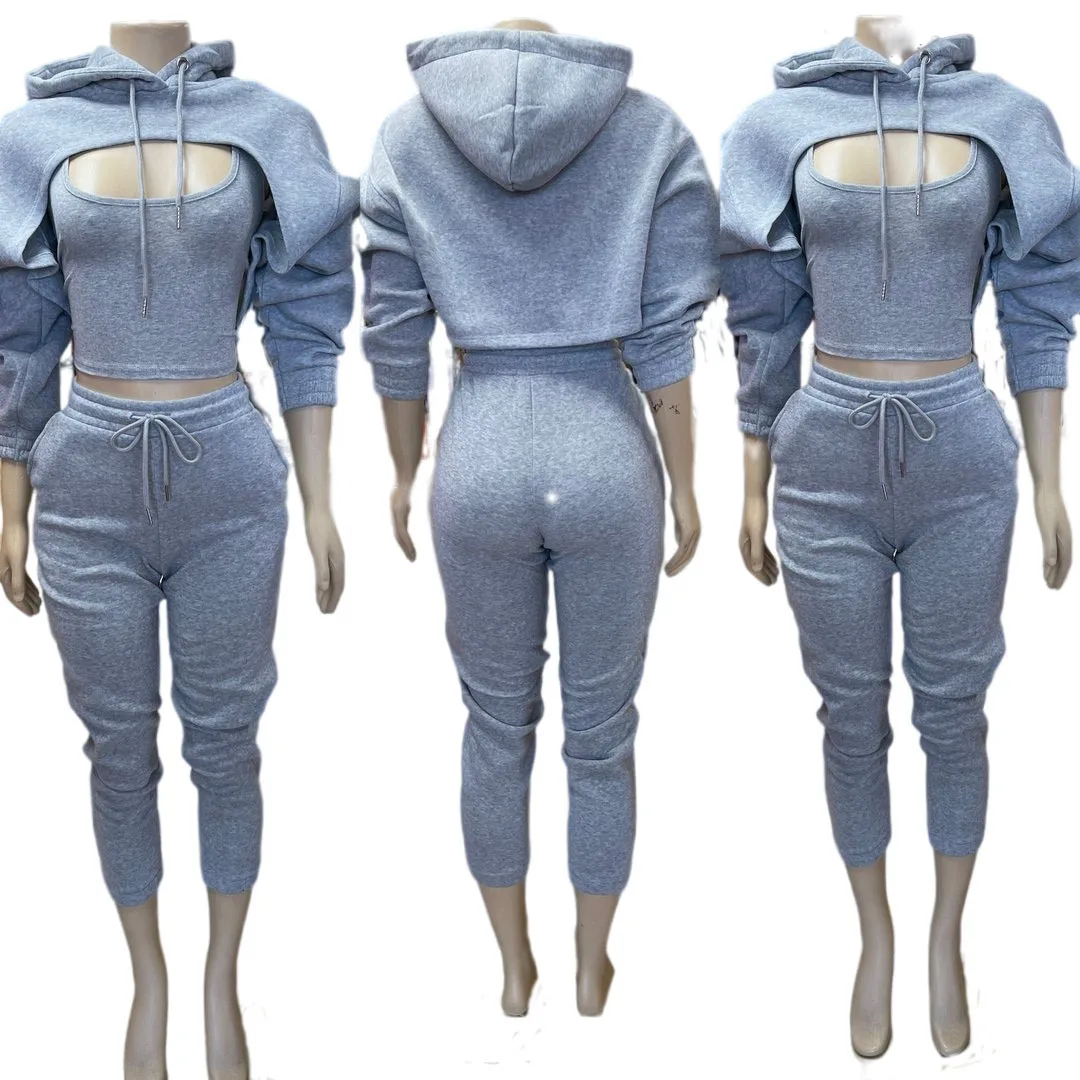 Fitness Women 3 Piece Set Solid Long Sleeve Crop Hoodies Vest High Waist Jogging Pants Suit 2021 Winter Autumn Sporty Sweat Suit 6 Fitness Women 3 Piece Set Solid Long Sleeve Crop Hoodies Vest High Waist Jogging Pants Suit 2021 Winter Autumn Sporty Sweat Suit 6