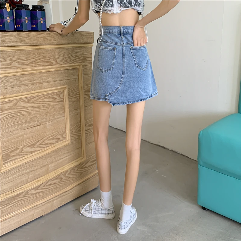 

Korean Casual Denim Women Ladied Skirts Simplicity Irregular Design High Waist A-Line Vintage Hot Girls Mini Skirt Female