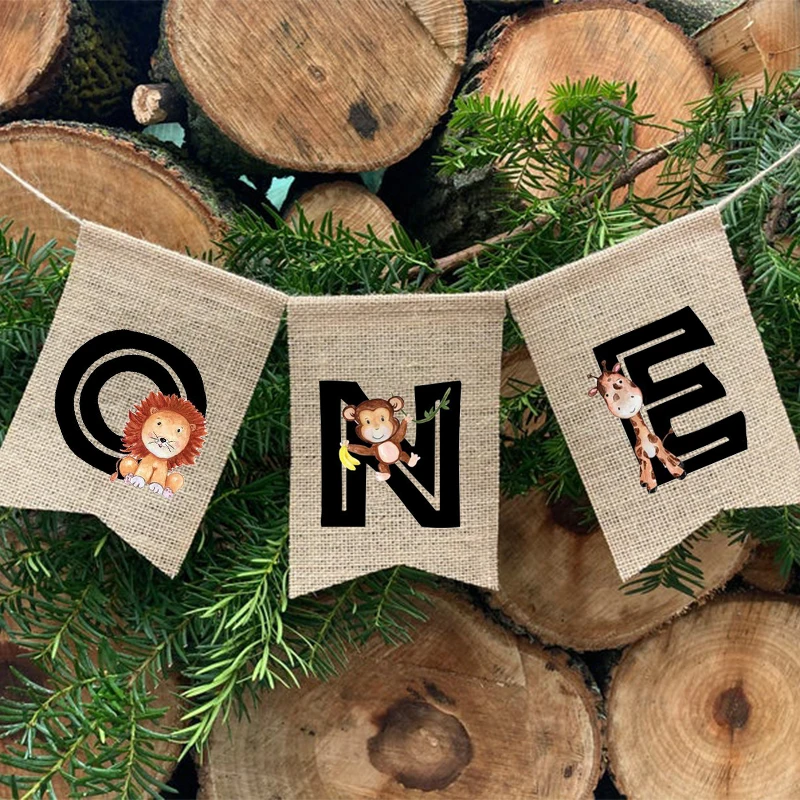 

Woodland jungle Safari forest animal theme Boy girl First 1st wild one Birthday party Highchair Banner decoration Photo props
