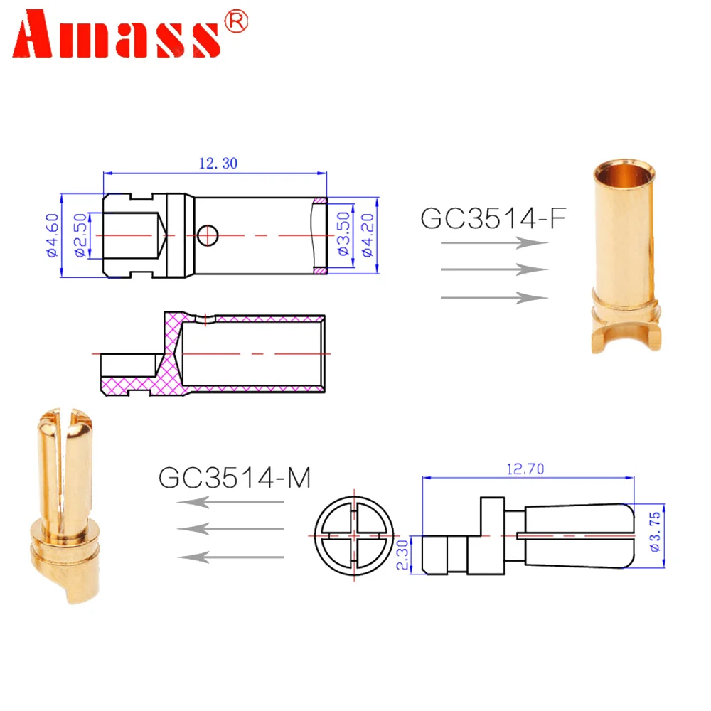Amass GC 3514 3 5 мм Золотая пуля Разъем для RC ESC двигатель Lipo батарея Rc автомобиль
