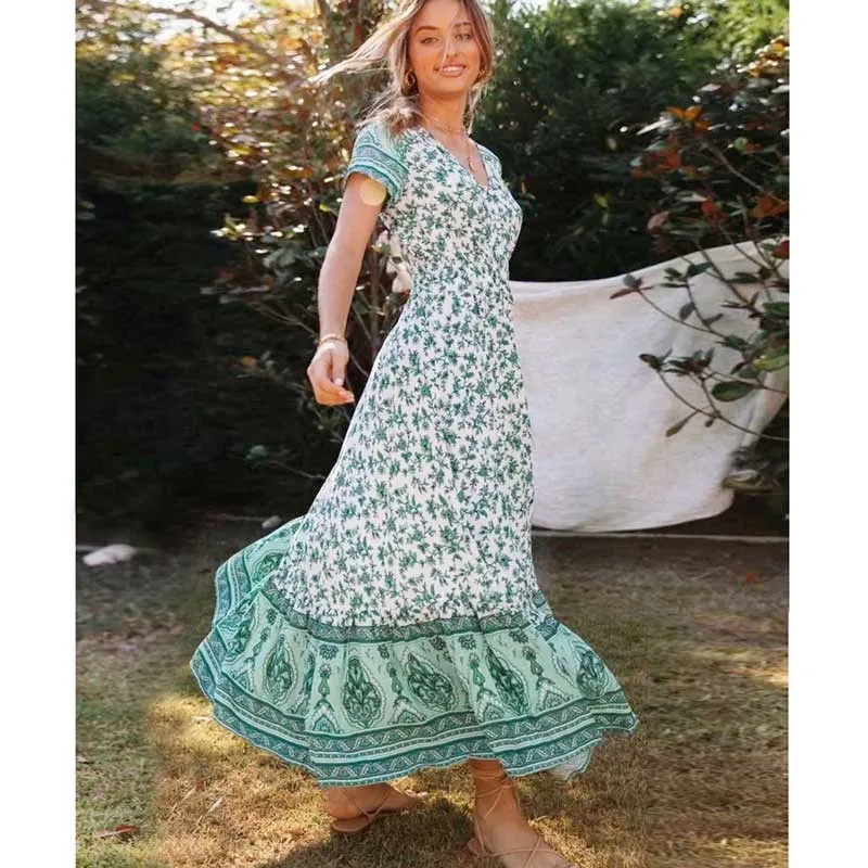 Богемный Вдохновленный длинное бохо платье зеленый белый цветочный принт v