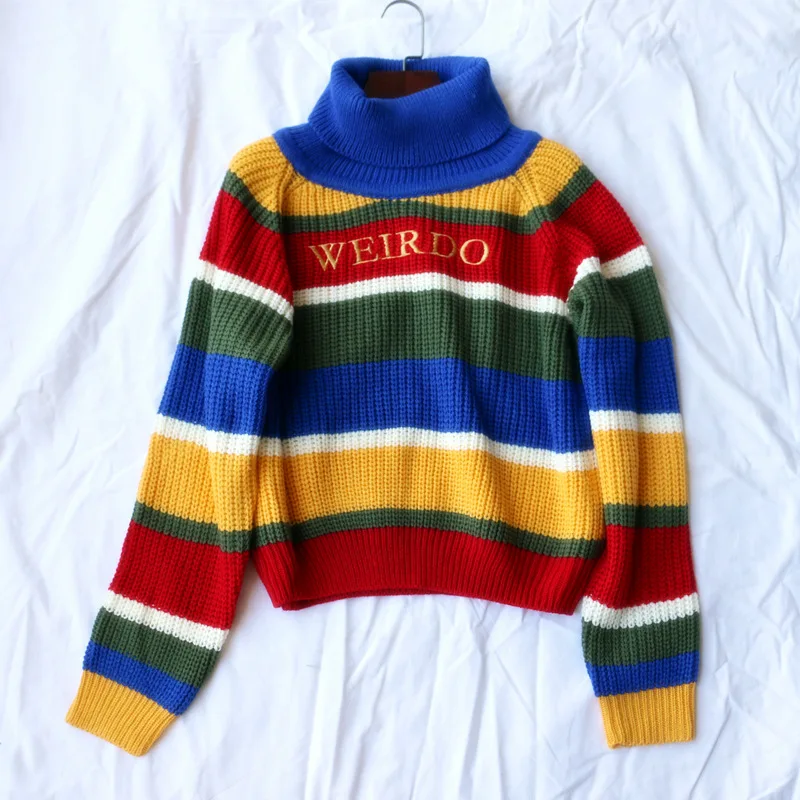 Harjuku Contrast Stripes Roll Turtle Neck Knitted Jumper Turtleneck Sweater with Embroidery WEIRDO Oversized Top For Women / | Женская