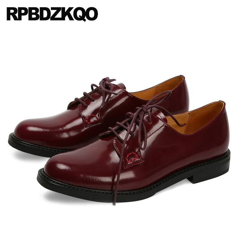 

Patent Leather Flats Genuine Chinese Comfy Black Italian Vintage Women Oxfords Shoes Red Wine China Designer Lace Up Ladies