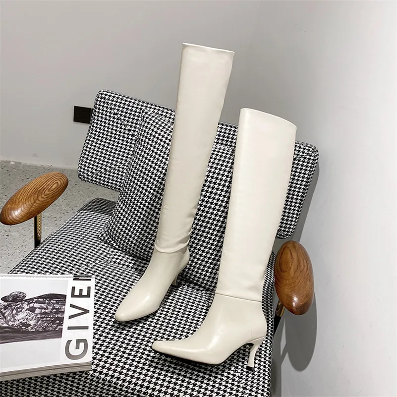 

ANNYMOLI Pleated Real Leather High Heel Over The Knee Boots Women Shoes Pointed Toe Thin Heels Long Boots Autumn Winter Beige 43