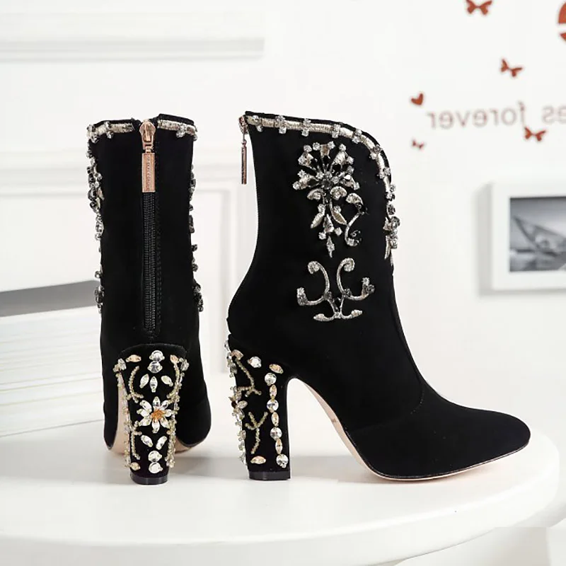 

Luxury Real Leather Ankle Boots Women Pointed Toe Rhinestone Diamond Flower High Heel Boots Femme Retro Short Boots